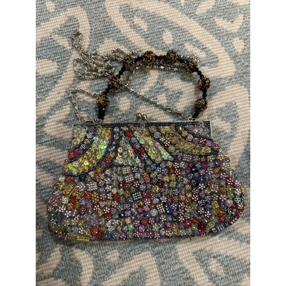 Vintage Colorful Beaded Handbag Black Fabric Satin Lining Multicolored Beads‎